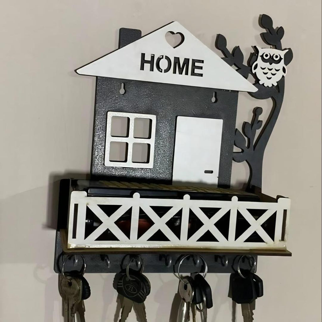 Black Owl House Key Holder with Plant Balcony