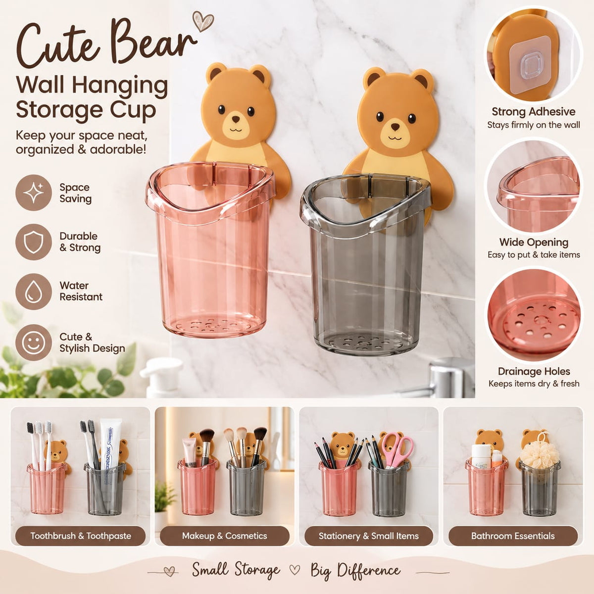 Cute Bear Wall-Mounted Storage Cup | Space-Saving Organizer